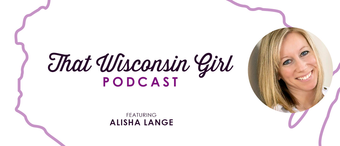 that wisconsin girl white banner with a purple wisconsin shape and photo of alisha lange